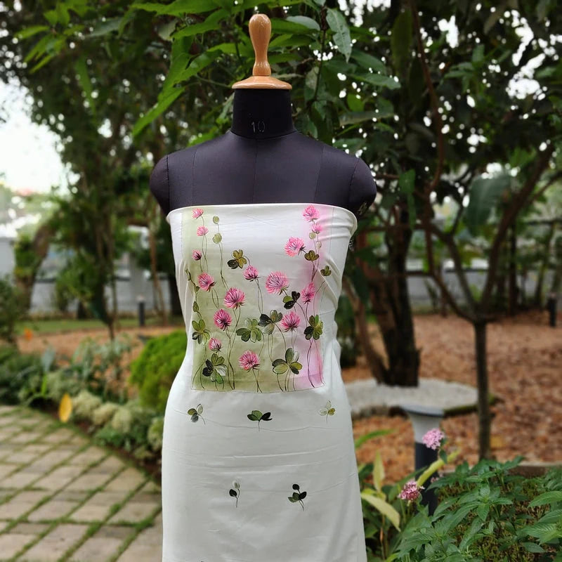 Graceful Half-White Pure Cotton Kurti Fabric Adorned With Hand-Painted Wild Blooms.