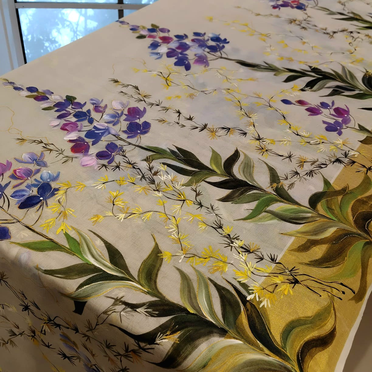 Unique Pure Handloom Kerala Kasavu Saree Hand-Painted With Delicate Wild Blossoms.