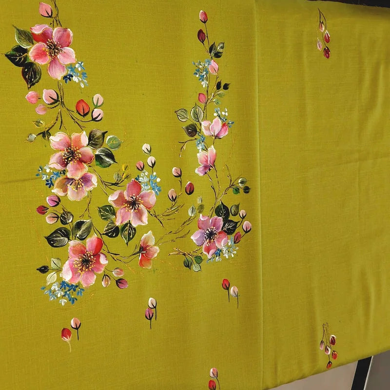 Delicately Hand-Painted Kurti Fabric Adorned With Blooming Floral Motifs.