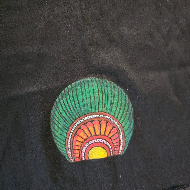 Black Hand-painted Raw Cotton Blouse Piece in Kerala Mural Style