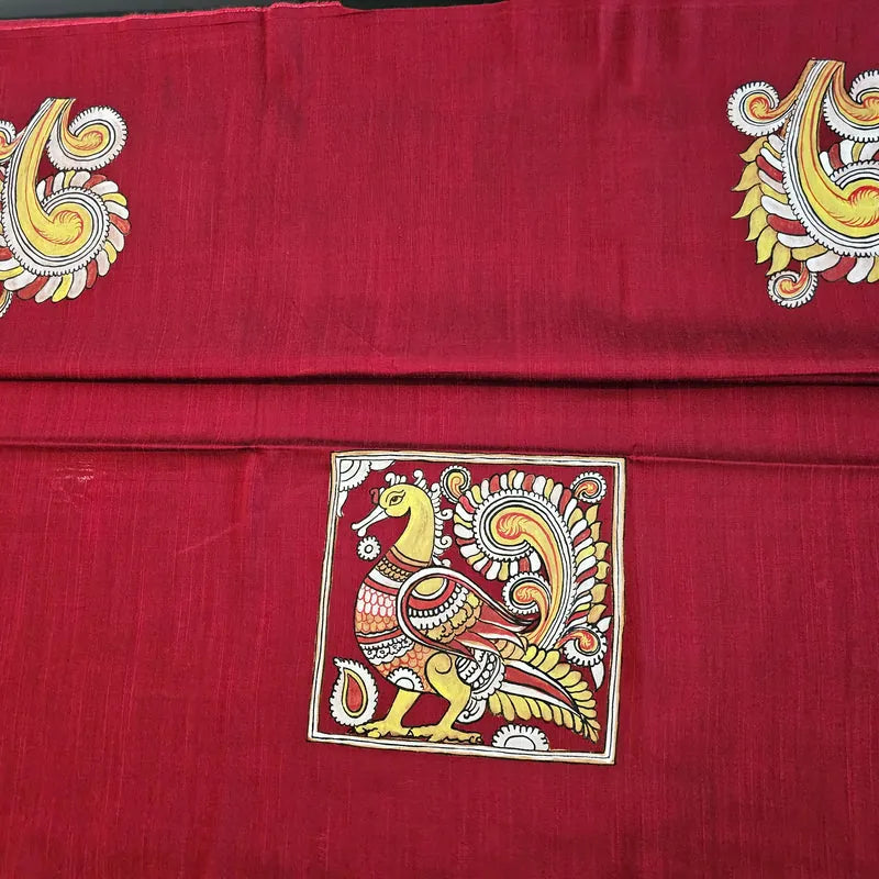 Maroon Hand-painted blouse piece in Kalamkari style