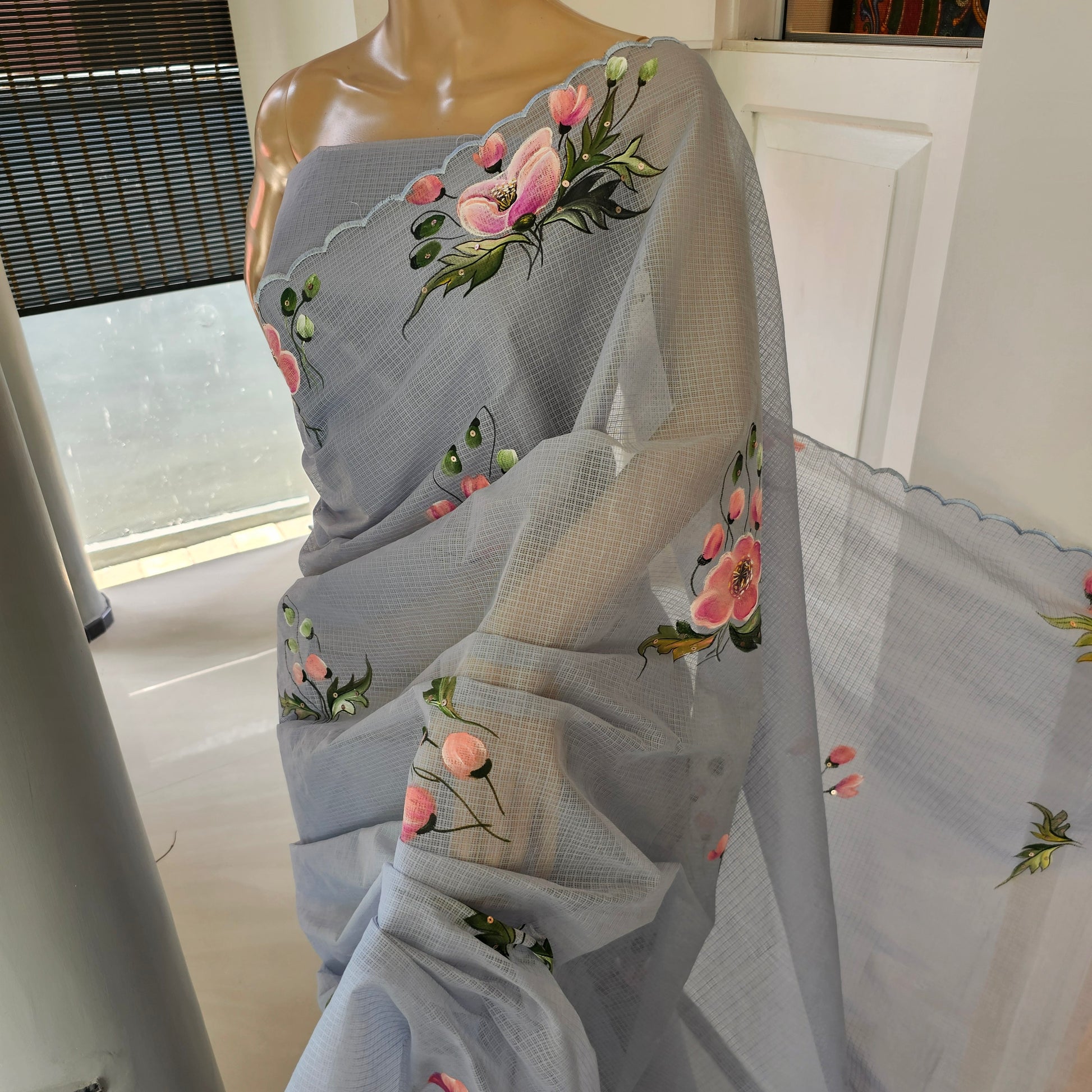 Shop Pretty Hand-Painted Grey Pure Kota Saree
