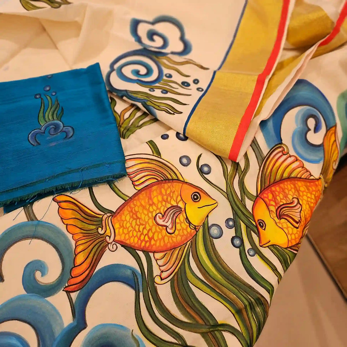 Mural Style Aquatic Life Painted on Kerala Saree