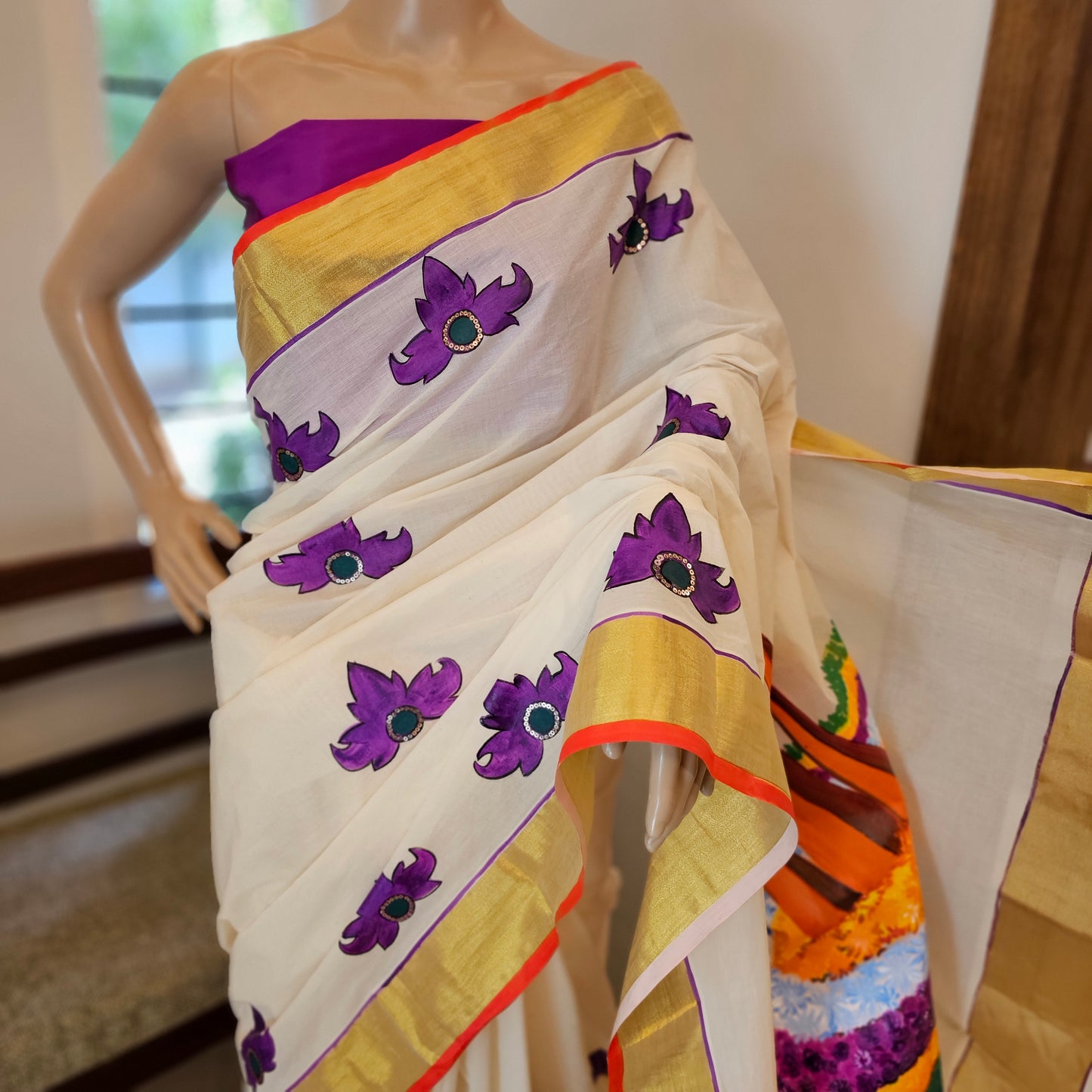 hand printed saree with golden