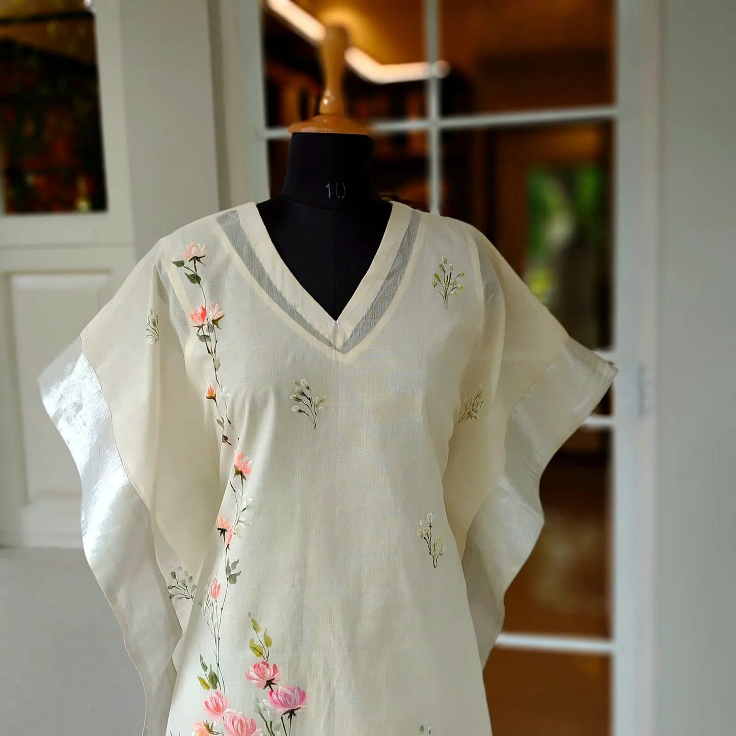 Hand-Painted Long Kaftan In Kerala Cotton Fabric