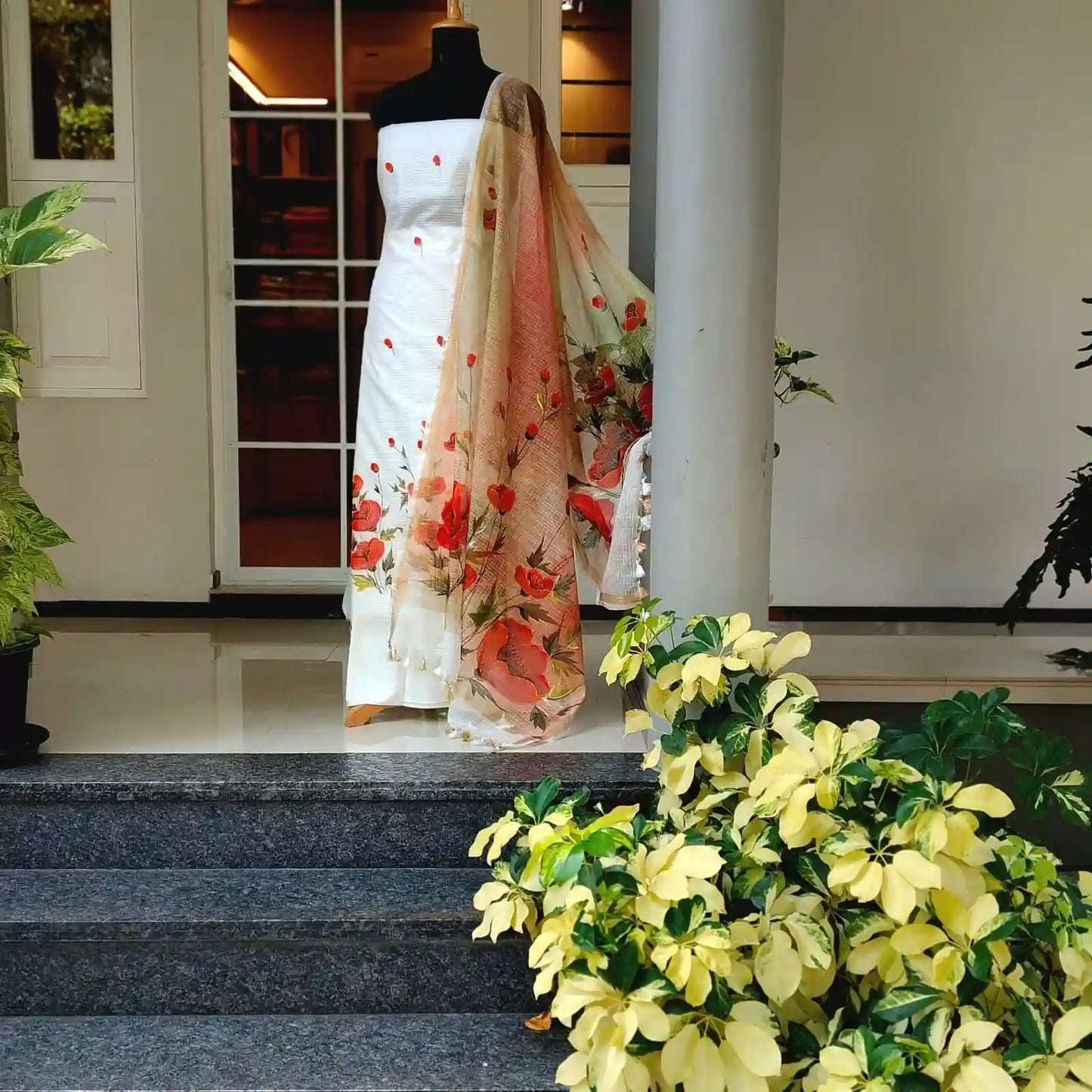 Graceful Florals on Kota Doria Kurta & Dupatta Fabric