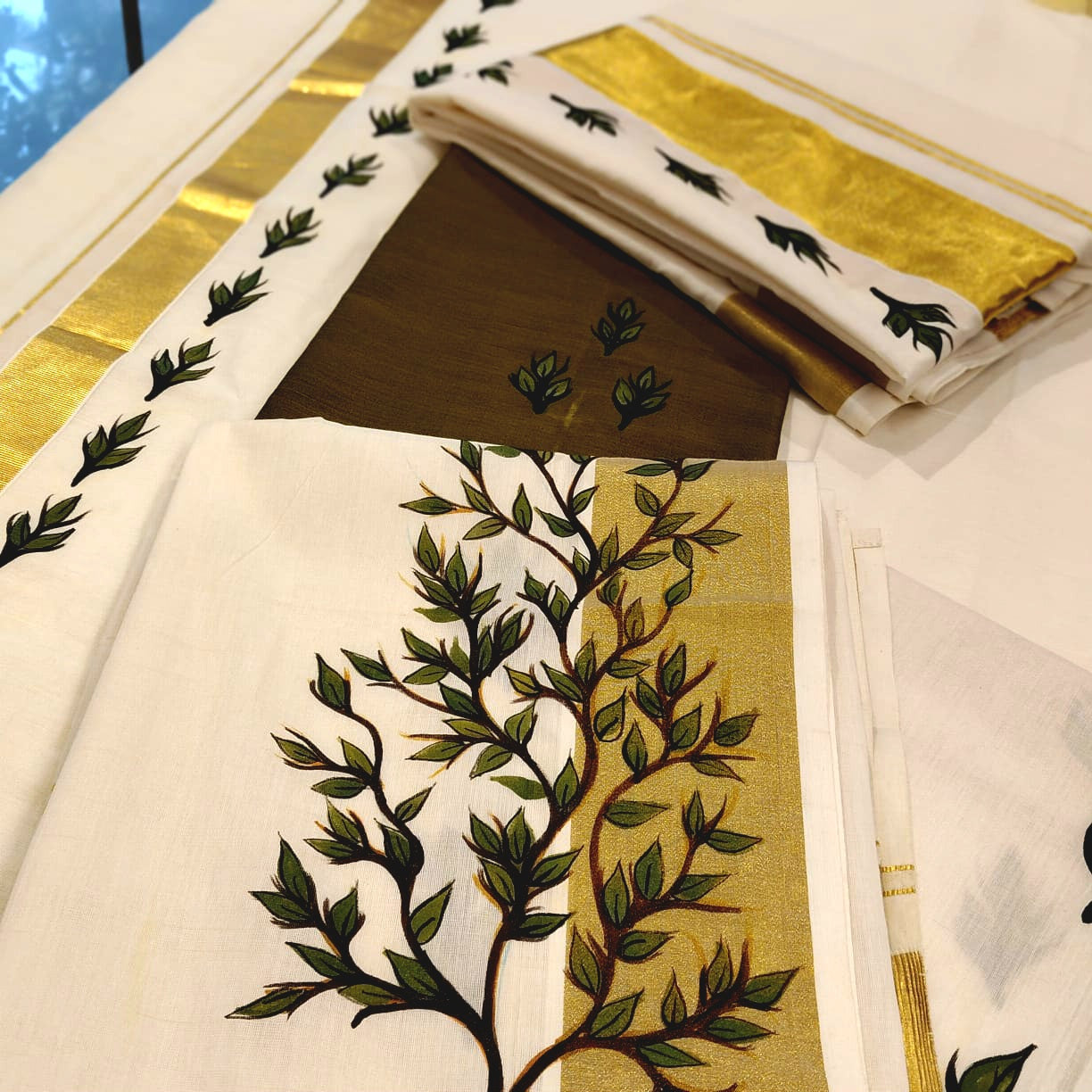 Hand-Painted Kerala Set Mundu And Mens Double {Dhoti} Combo