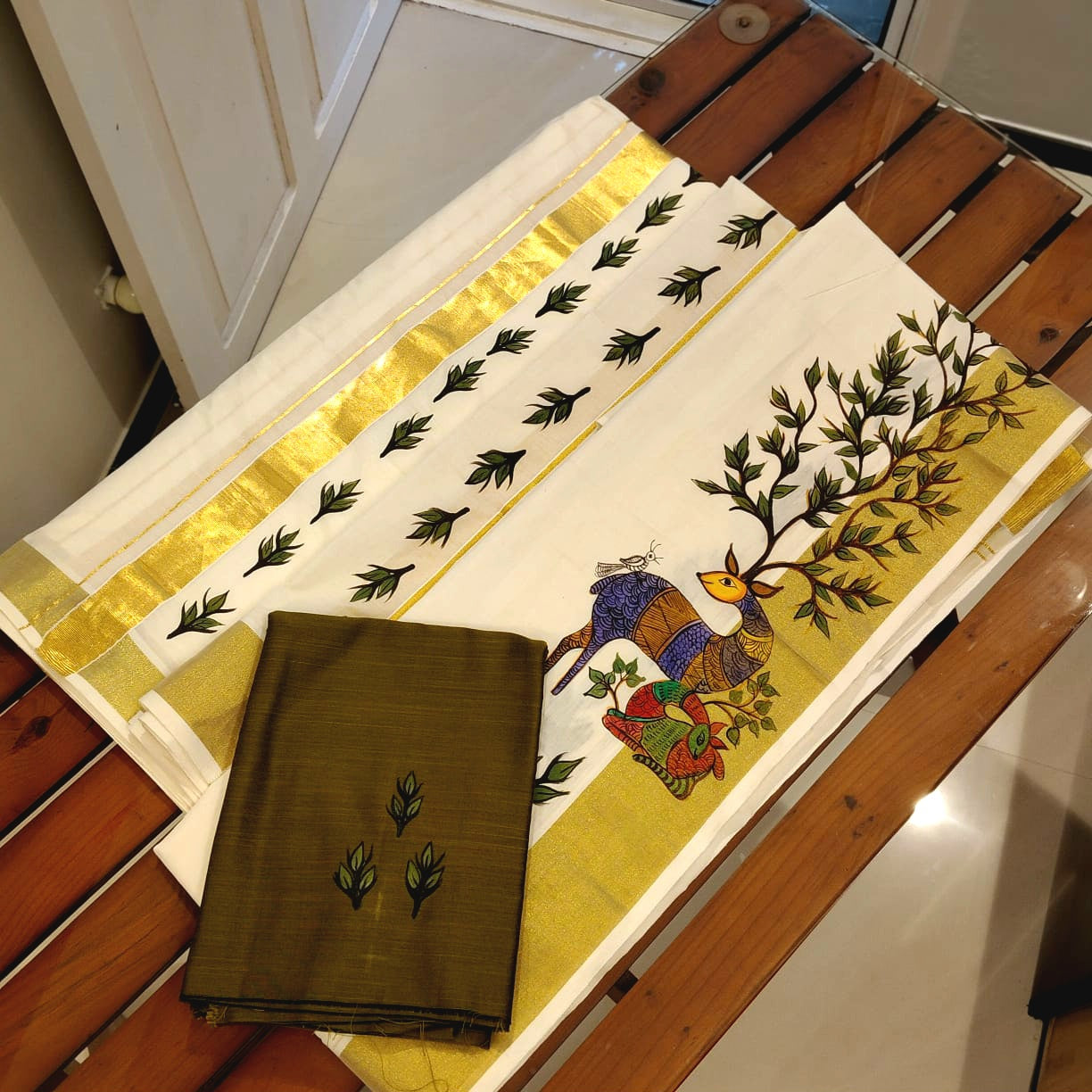 Hand-Painted Kerala Set Mundu And Mens Double {Dhoti} Combo