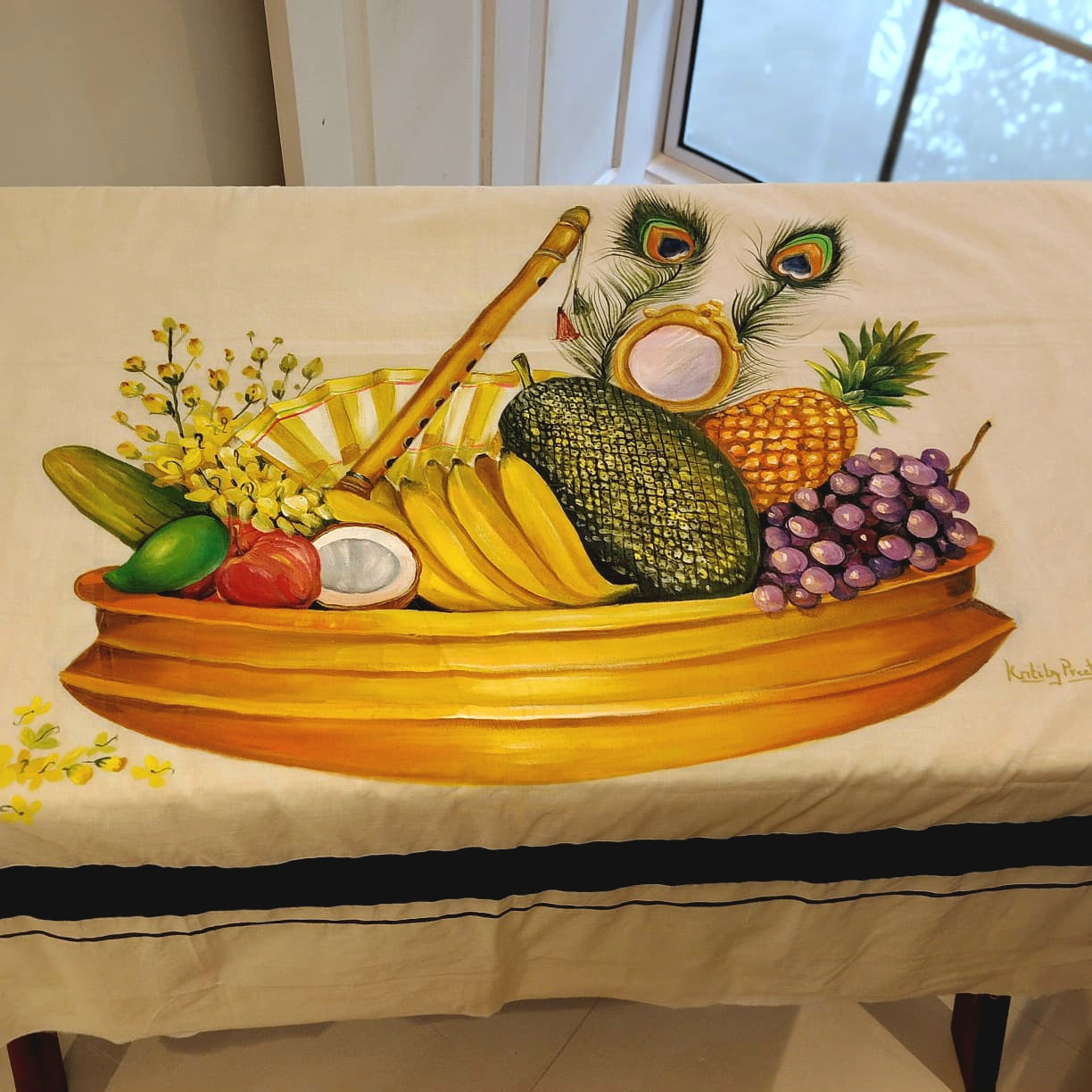 Hand-Painted Kerala Saree with Vishu Themed Motif