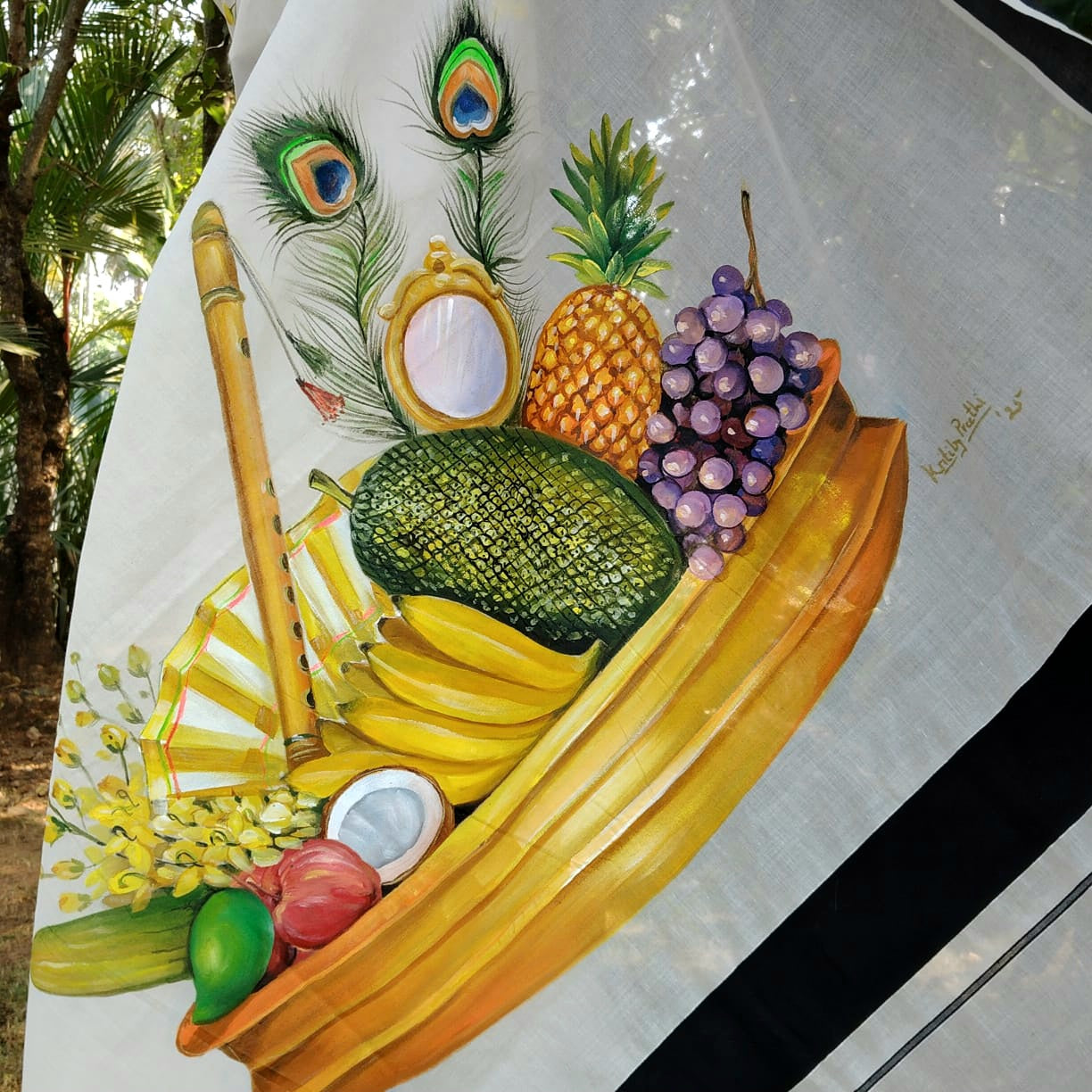 Hand-Painted Kerala Saree with Vishu Themed Motif