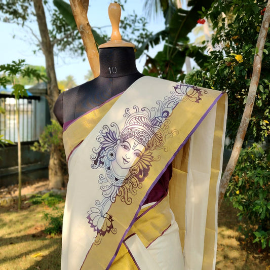 Hand-Painted Kerala Mural Set Mundu & Mens Double Combo