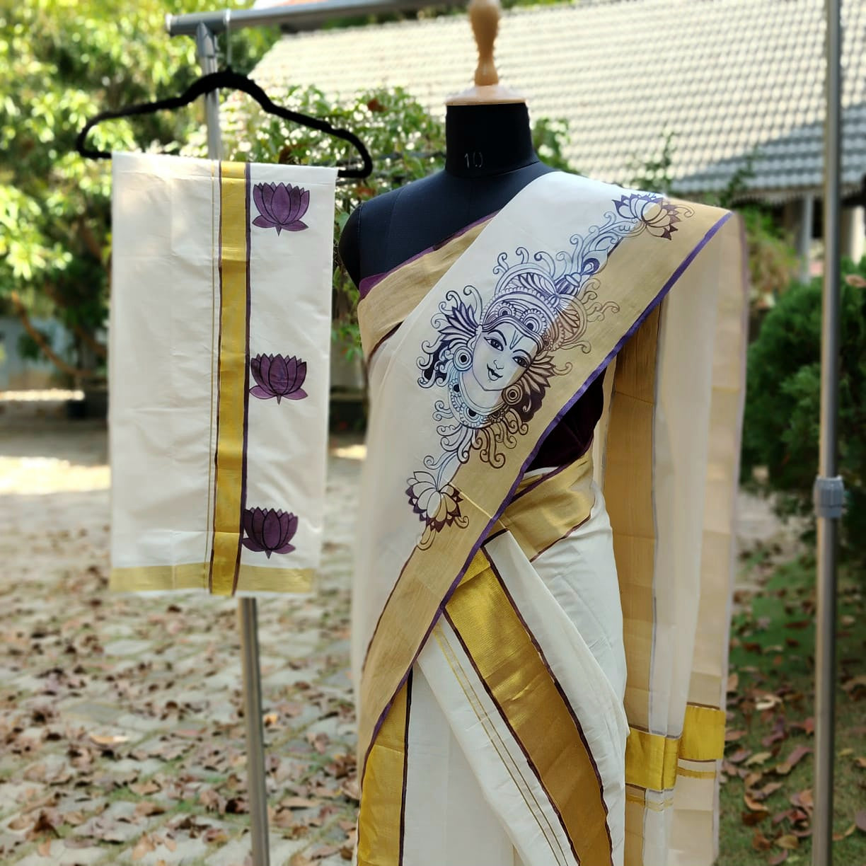 Hand-Painted Kerala Mural Set Mundu & Mens Double Combo