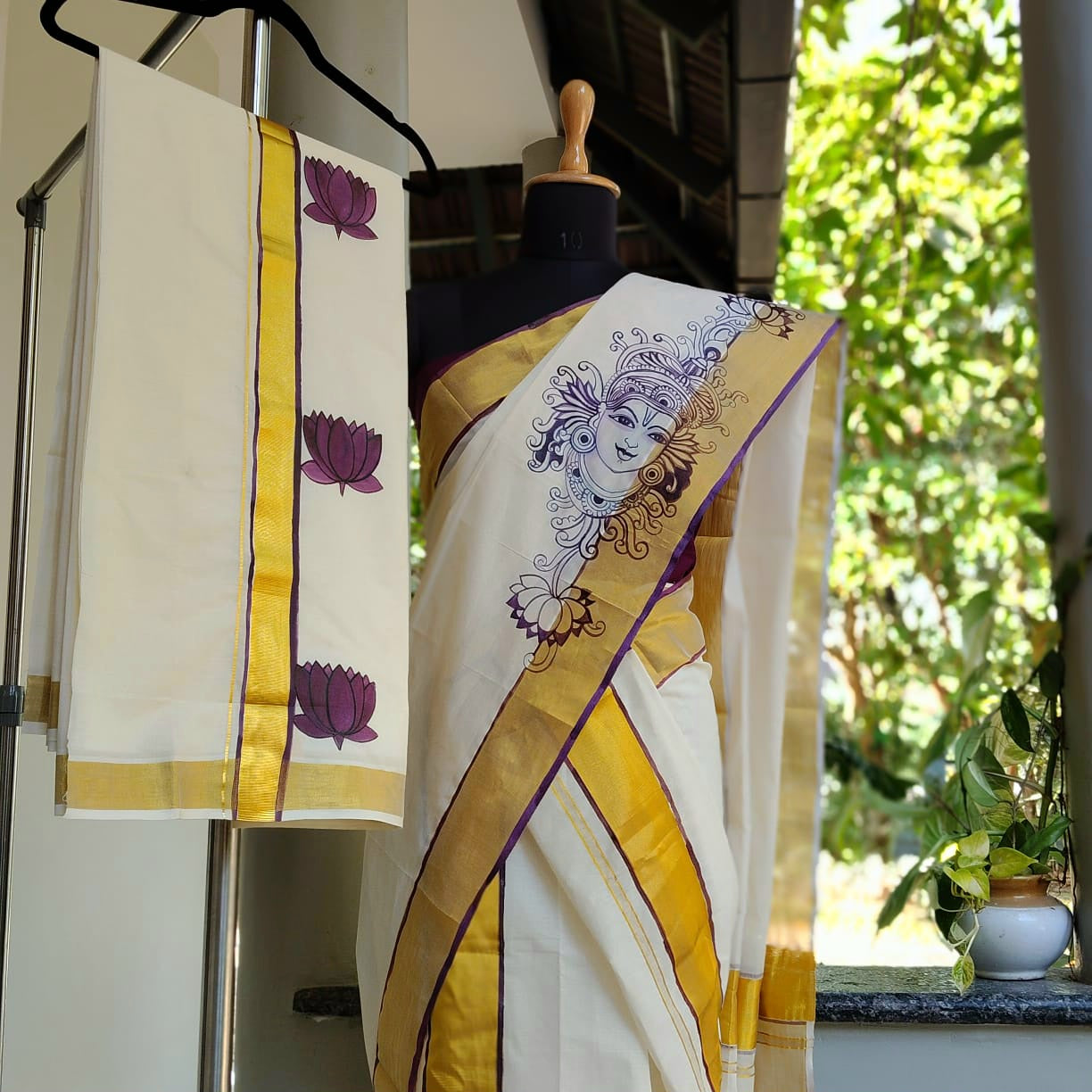 Hand-Painted Kerala Mural Set Mundu & Mens Double Combo