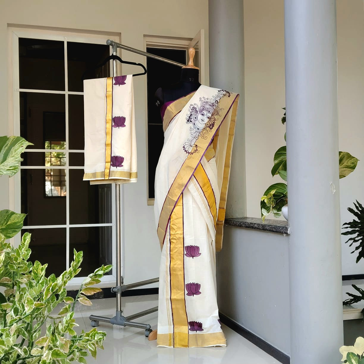 Hand-Painted Kerala Mural Set Mundu & Mens Double Combo