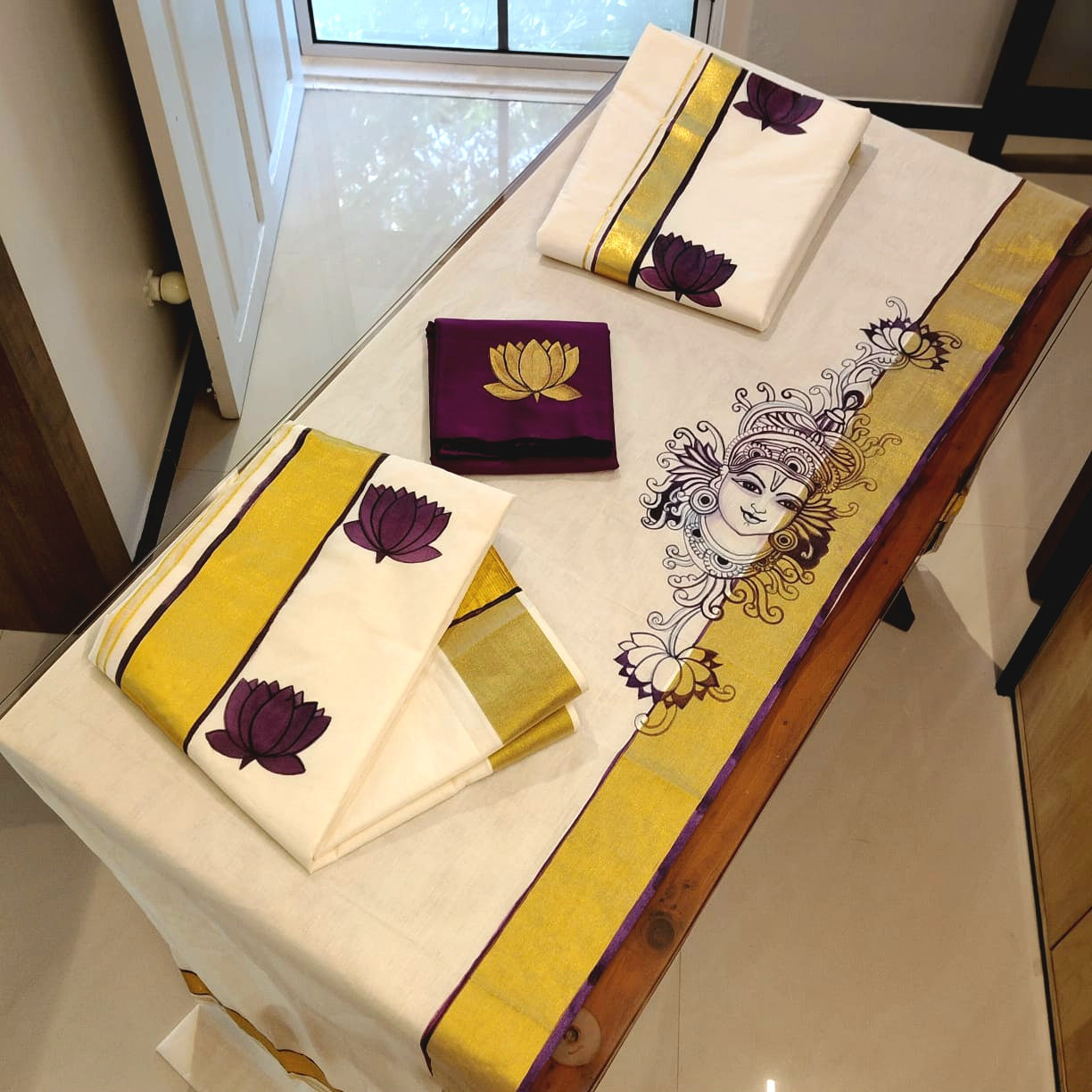 Hand-Painted Kerala Mural Set Mundu & Mens Double Combo