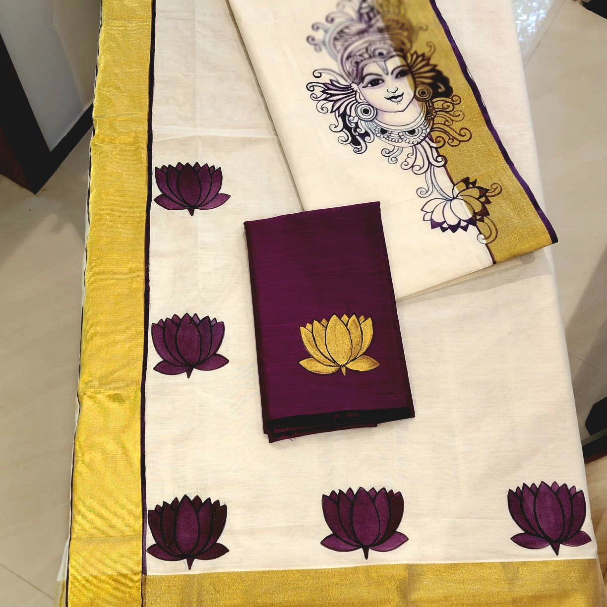 Hand-Painted Kerala Mural Set Mundu & Mens Double Combo