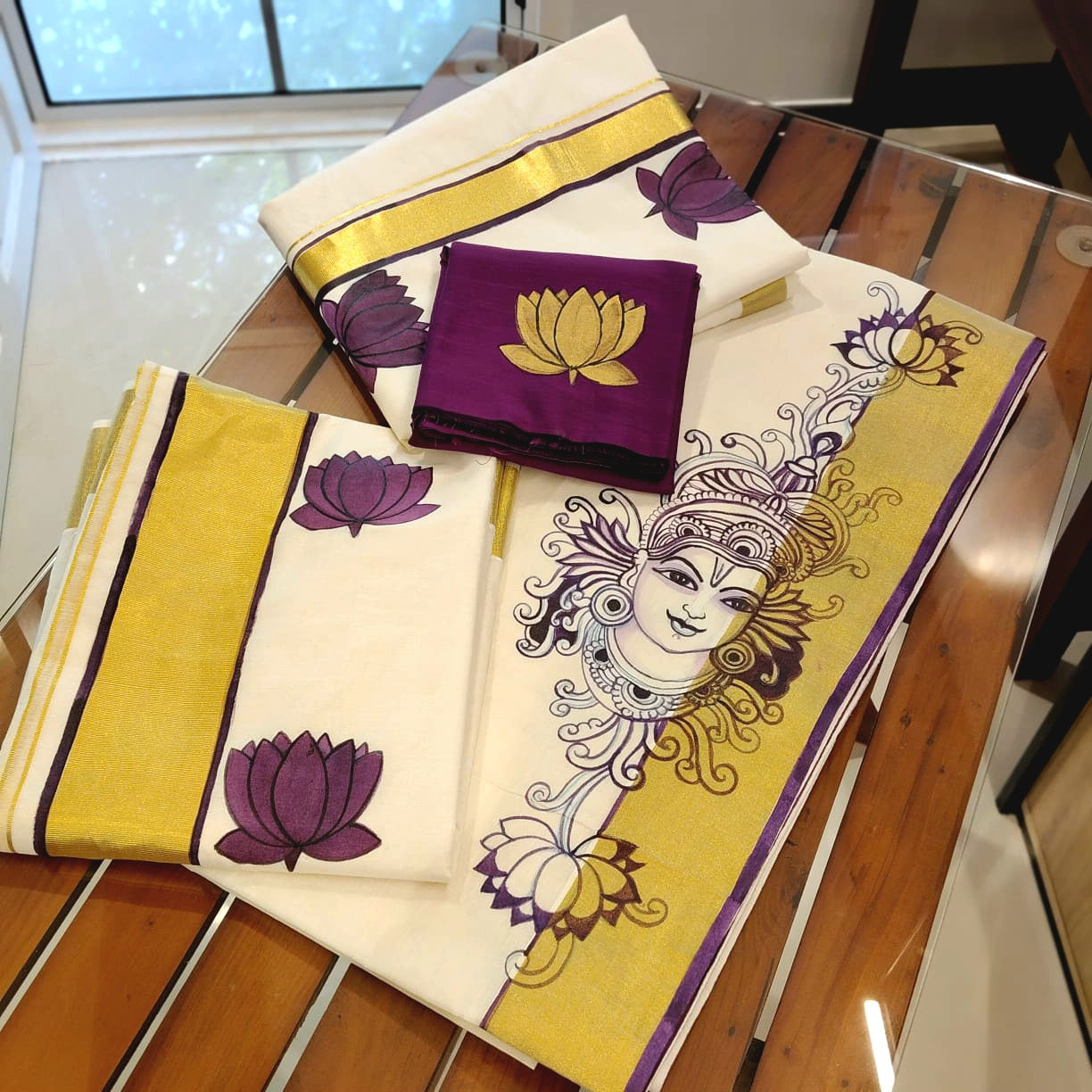 Hand-Painted Kerala Mural Set Mundu & Mens Double Combo