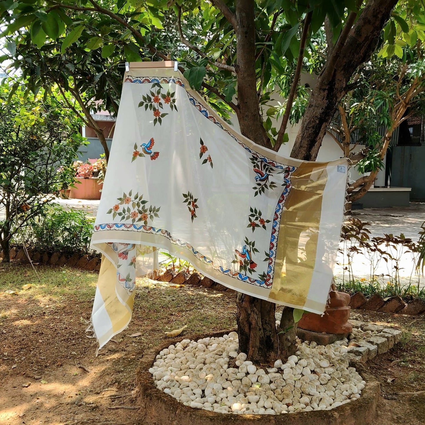 Artisanal Folk-Inspired Hand-Painted Dupatta on Luxurious Chanderi Silk