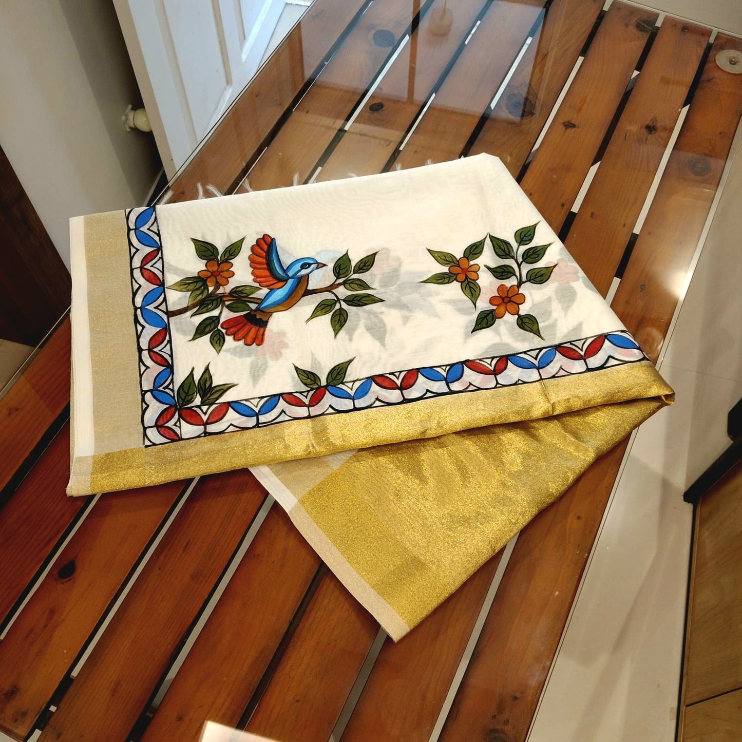 Artisanal Folk-Inspired Hand-Painted Dupatta on Luxurious Chanderi Silk