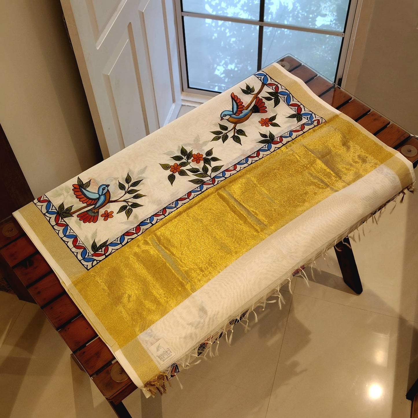 Artisanal Folk-Inspired Hand-Painted Dupatta on Luxurious Chanderi Silk