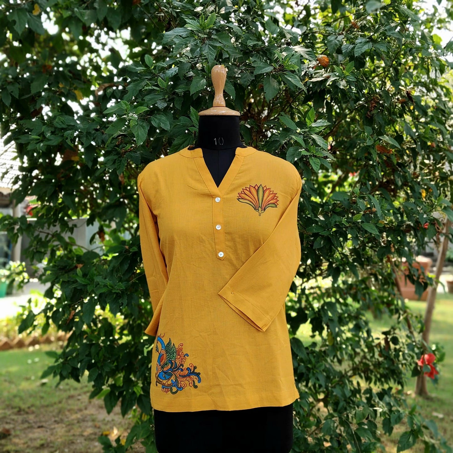 Kerala Mural Style Hand-Painted Short Kurti In Pure Cotton