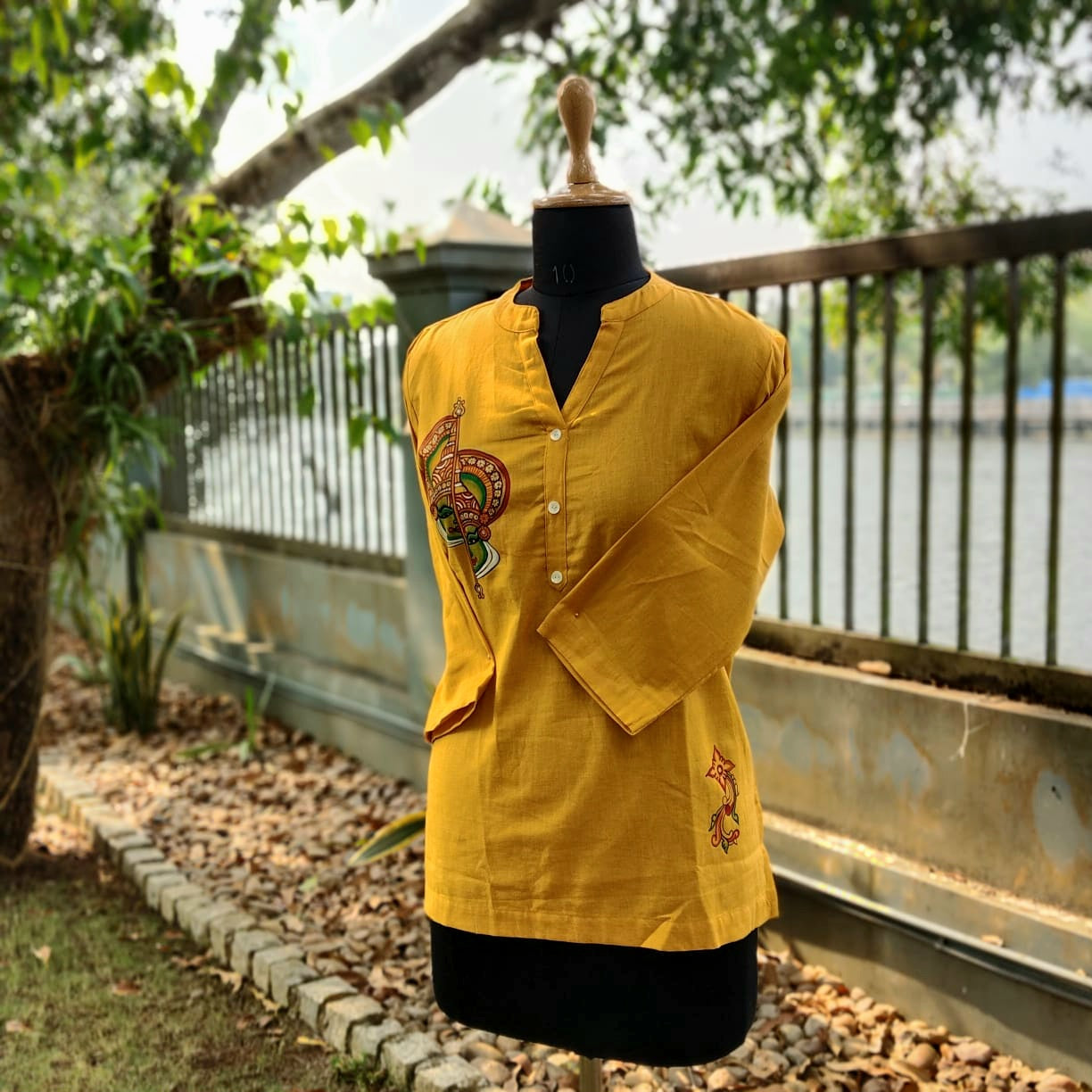 Kerala Mural Style Hand-Painted Short Kurti In Pure Cotton