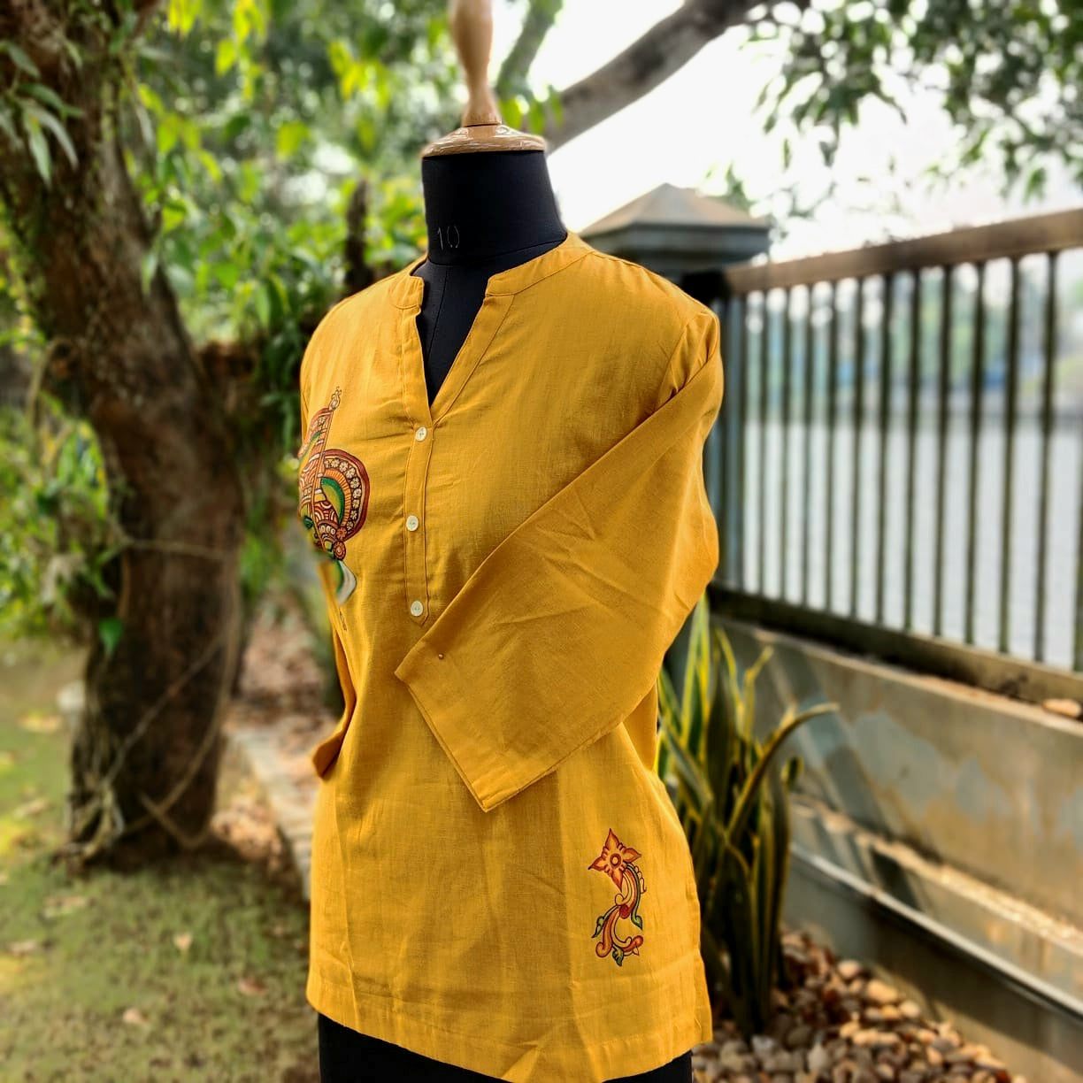 Kerala Mural Style Hand-Painted Short Kurti In Pure Cotton