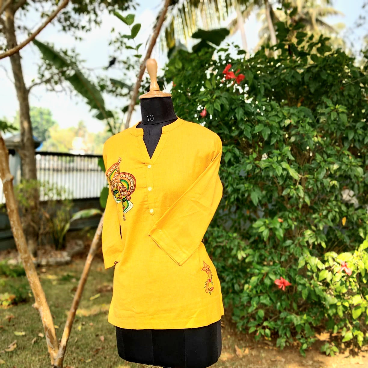 Kerala Mural Style Hand-Painted Short Kurti In Pure Cotton