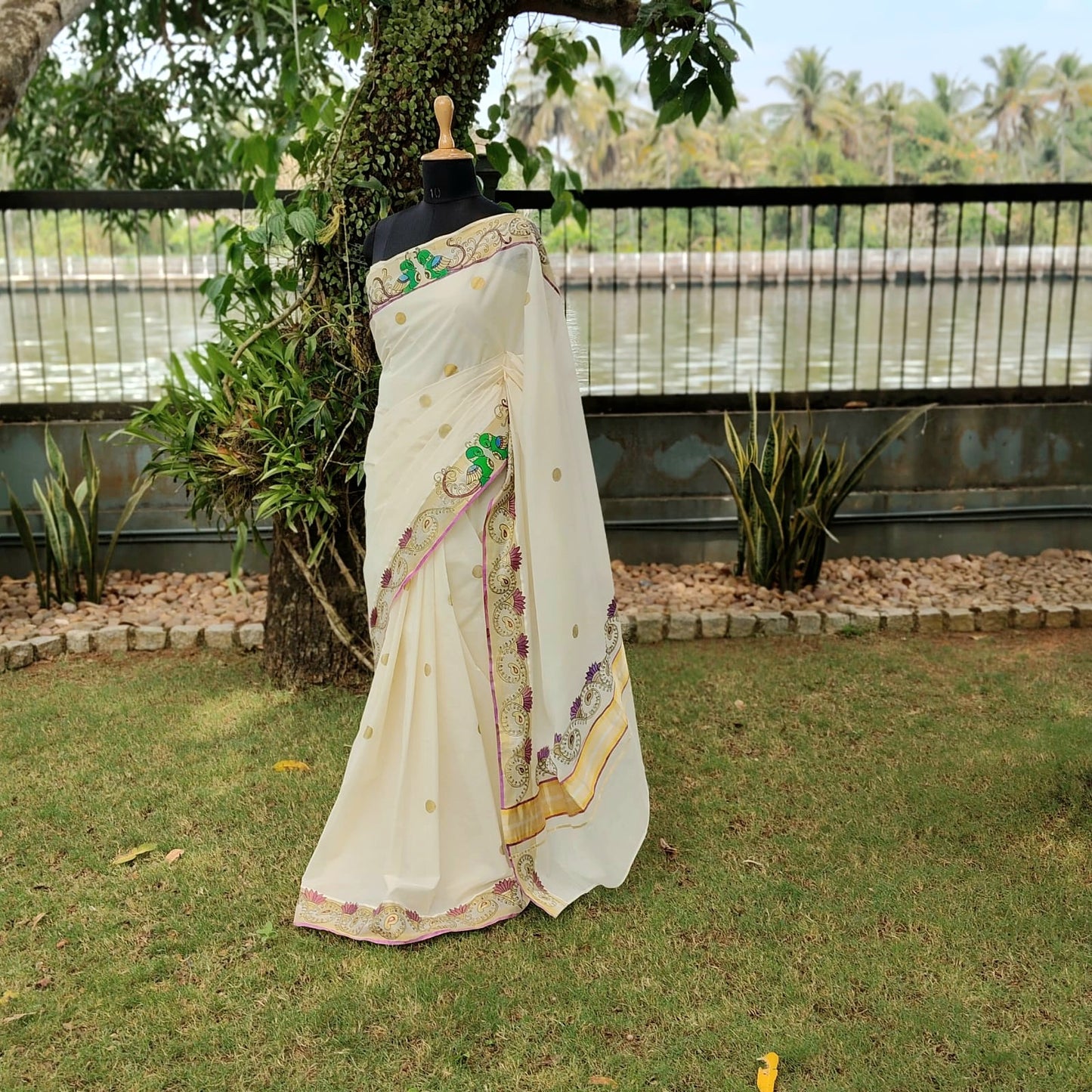 Exquisite Hand-Painted Kerala Kasavu Saree With Thanjavur Painting Inspired Border