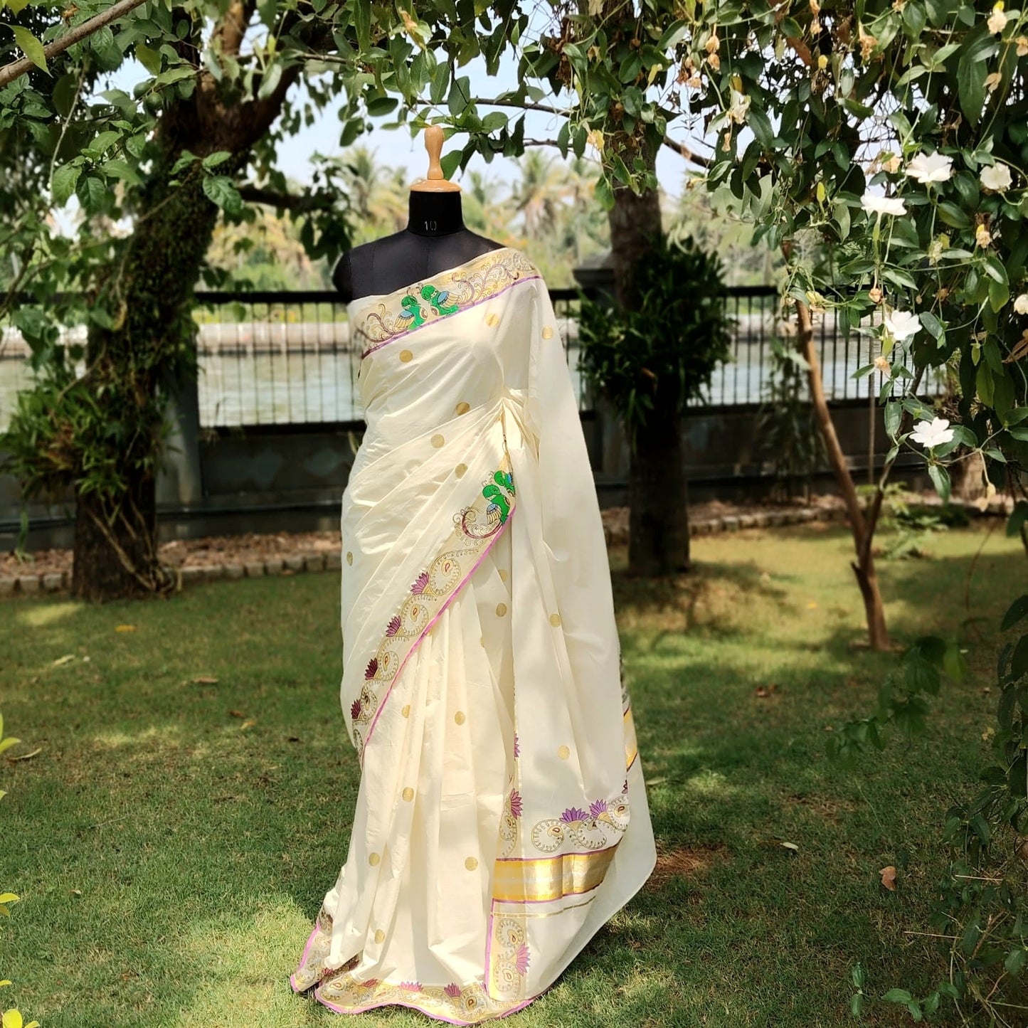 Exquisite Hand-Painted Kerala Kasavu Saree With Thanjavur Painting Inspired Border