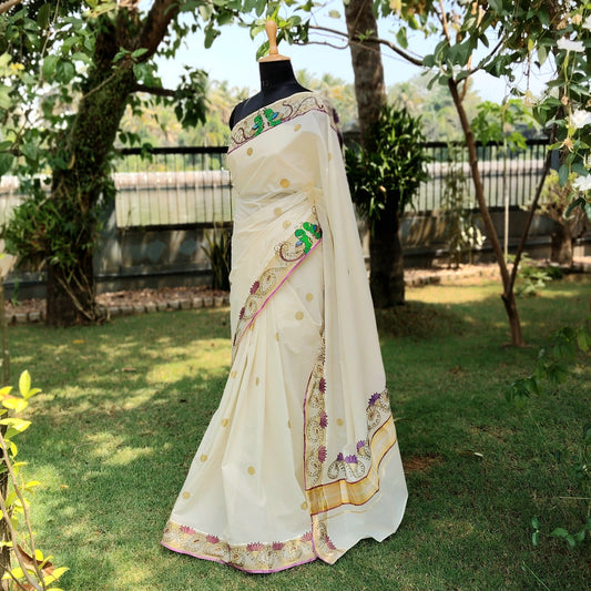 Exquisite Hand-Painted Kerala Kasavu Saree With Thanjavur Painting Inspired Border