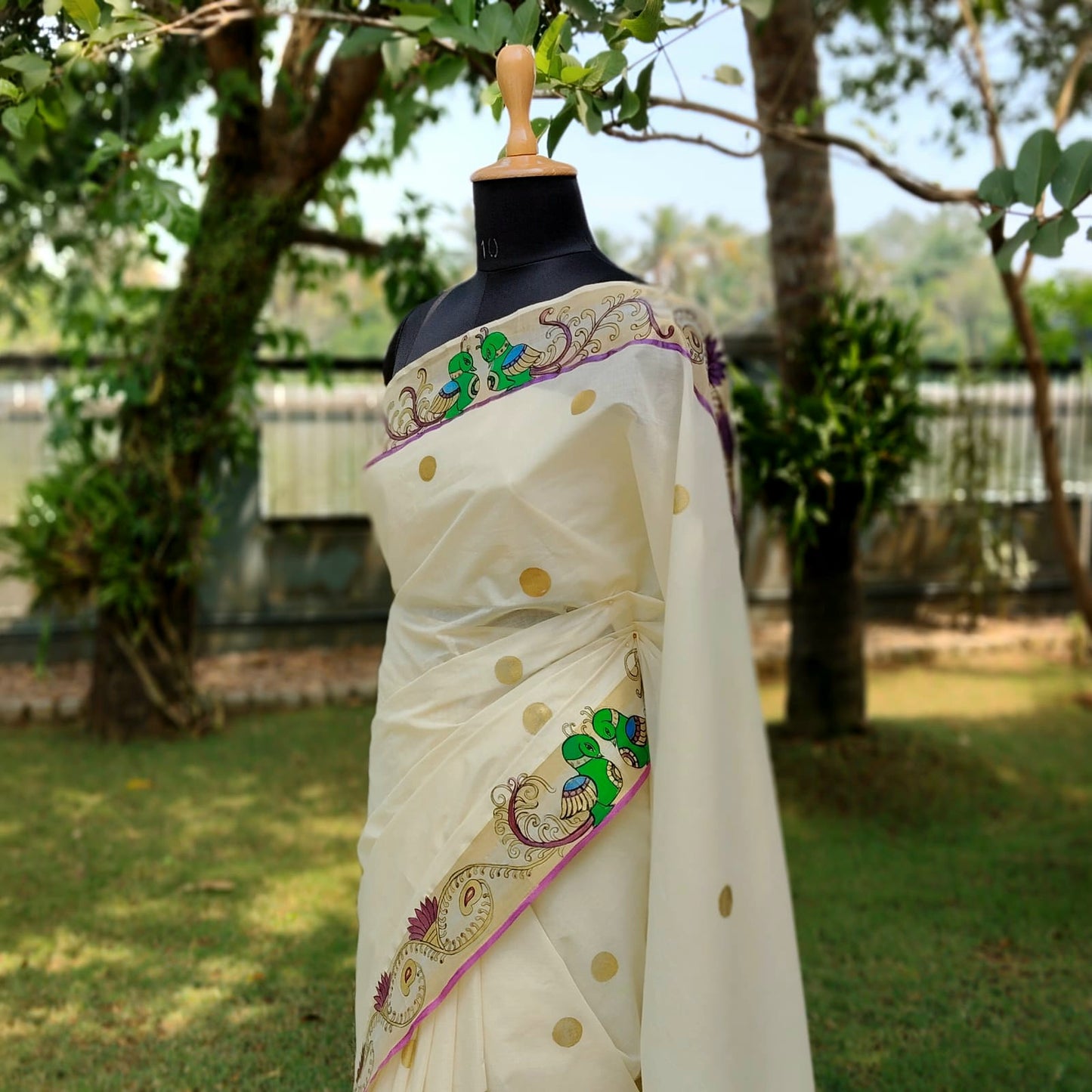 Exquisite Hand-Painted Kerala Kasavu Saree With Thanjavur Painting Inspired Border