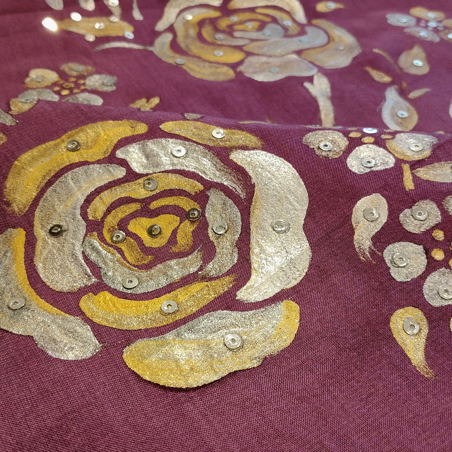 Graceful Onion Pink Uppada Silk Saree Adorned with Hand-Painted Art & Sparkling Sequin Details