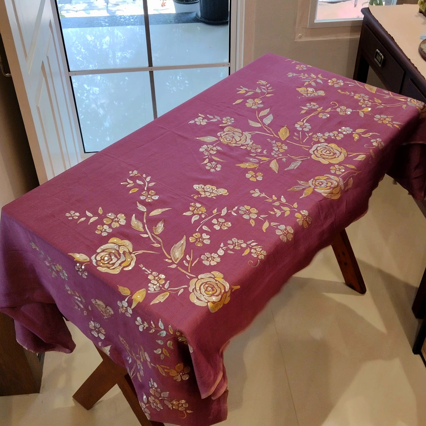 Graceful Onion Pink Uppada Silk Saree Adorned with Hand-Painted Art & Sparkling Sequin Details