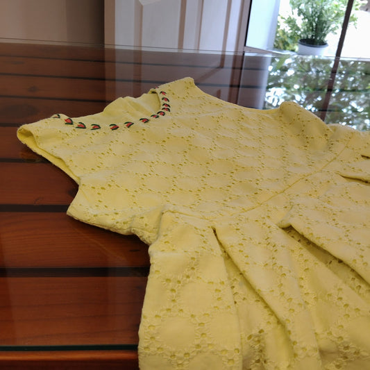 Pastel Yellow Hand Embroidered Hakoba Frock