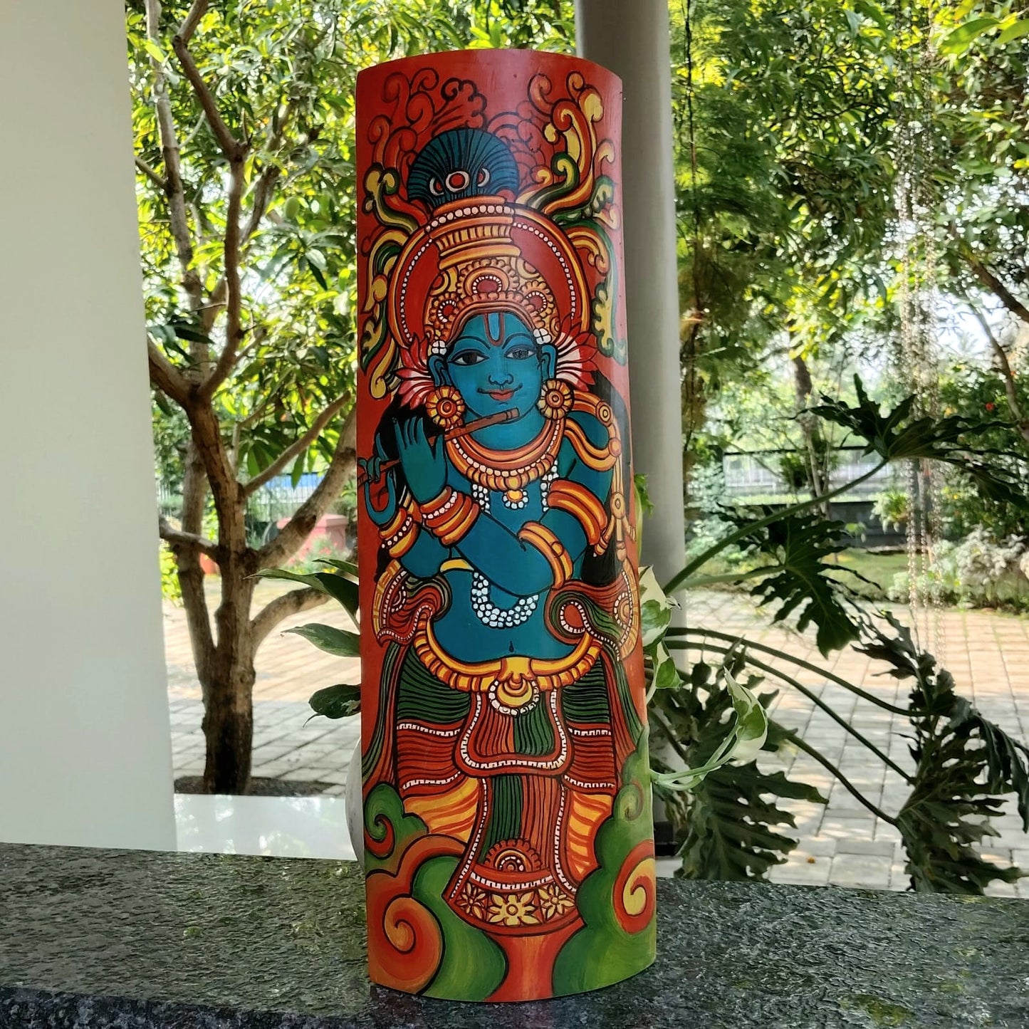 Traditional Kerala Mural on Natural Bamboo – Artistic Wall Accent