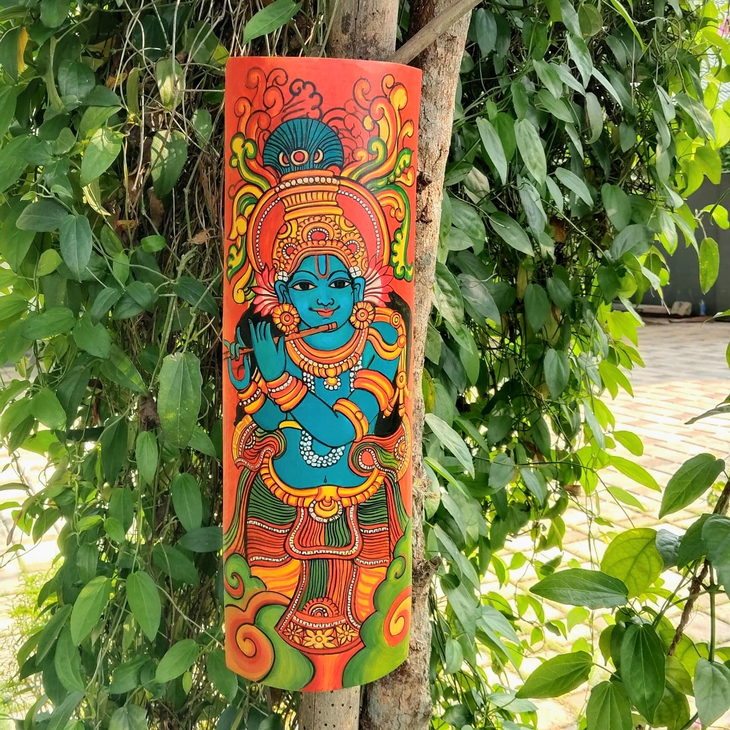 Traditional Kerala Mural on Natural Bamboo – Artistic Wall Accent