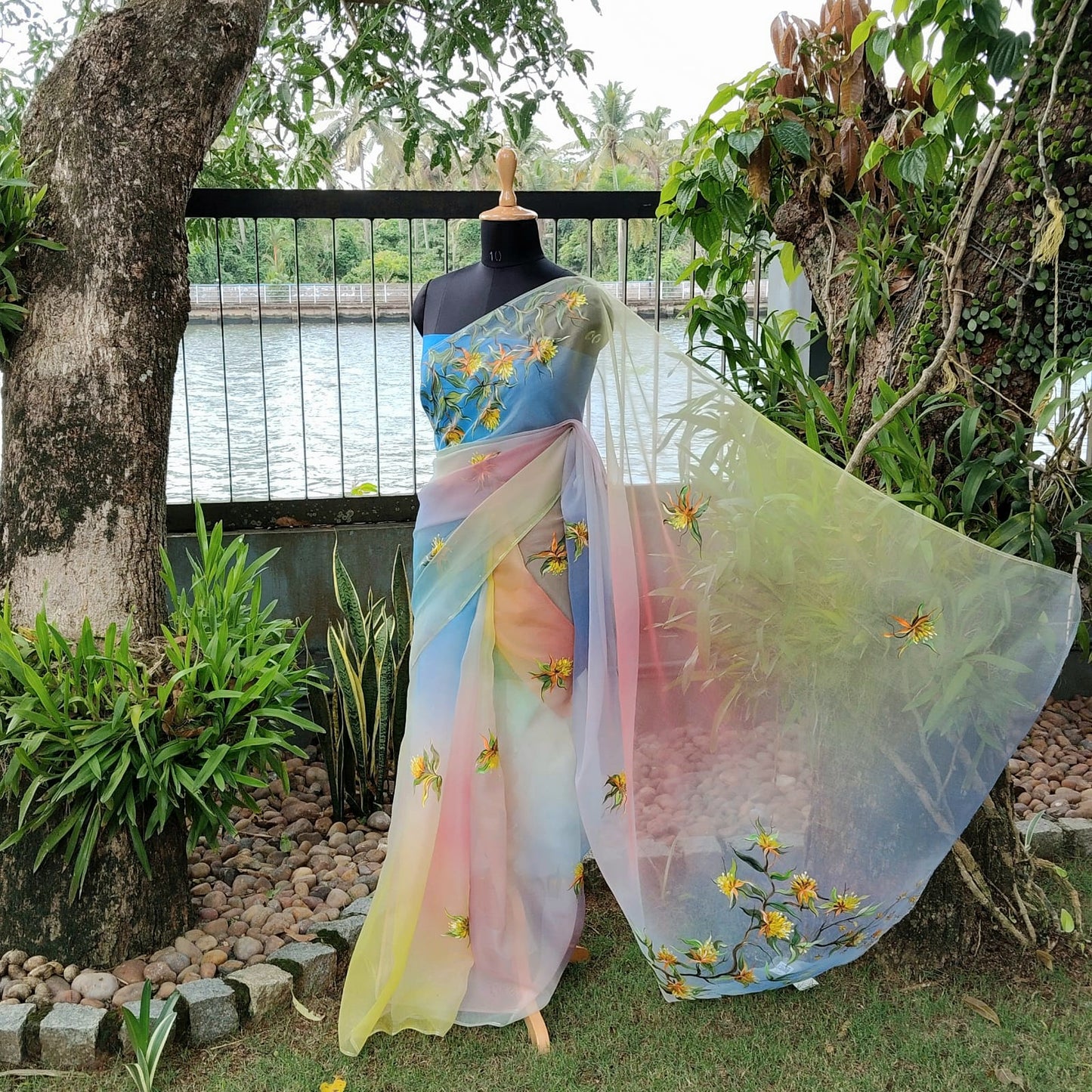 Vibrant Hand dyed and Hand-Painted Organza Saree