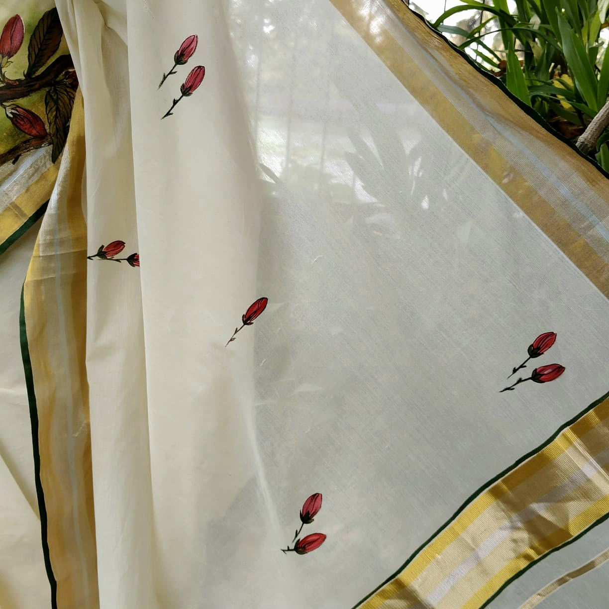Magnolia Blooms On Kerala Kasavu Saree
