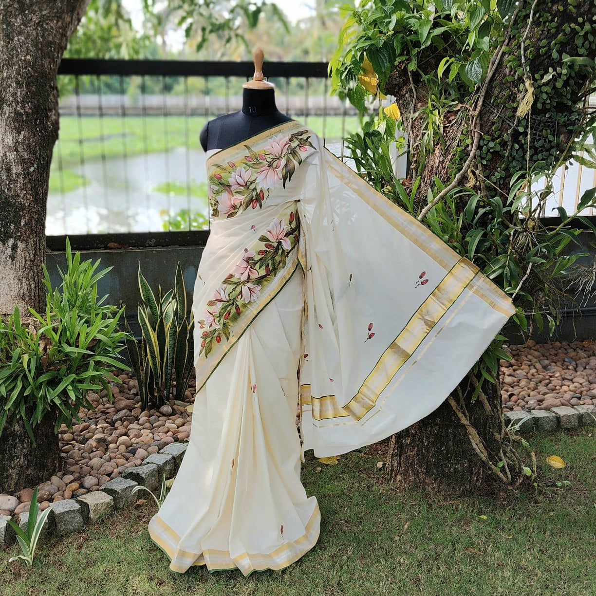 Magnolia Blooms On Kerala Kasavu Saree