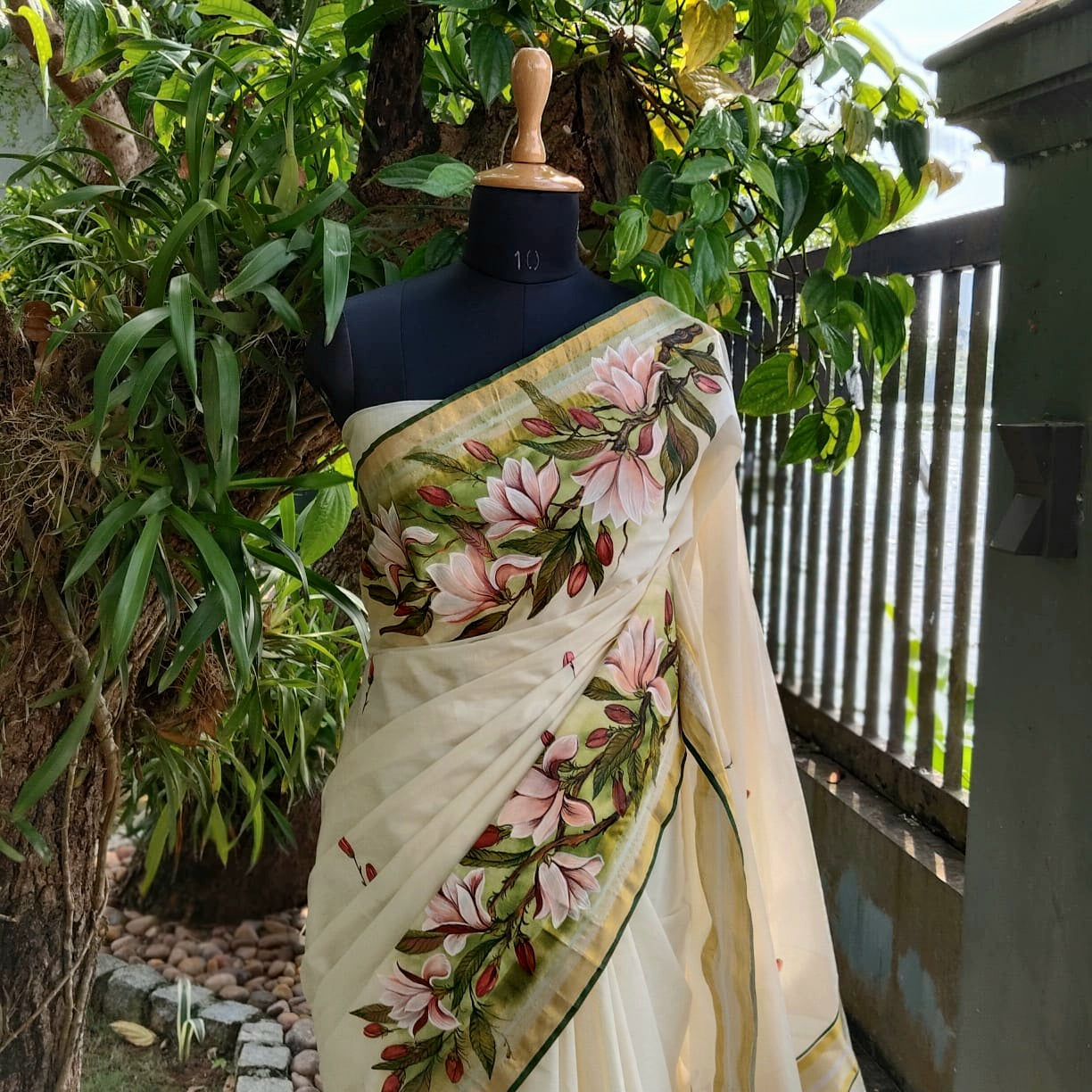 Magnolia Blooms On Kerala Kasavu Saree