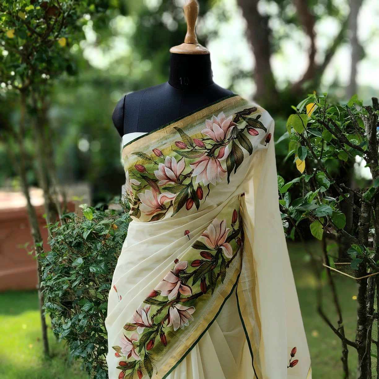Magnolia Blooms On Kerala Kasavu Saree