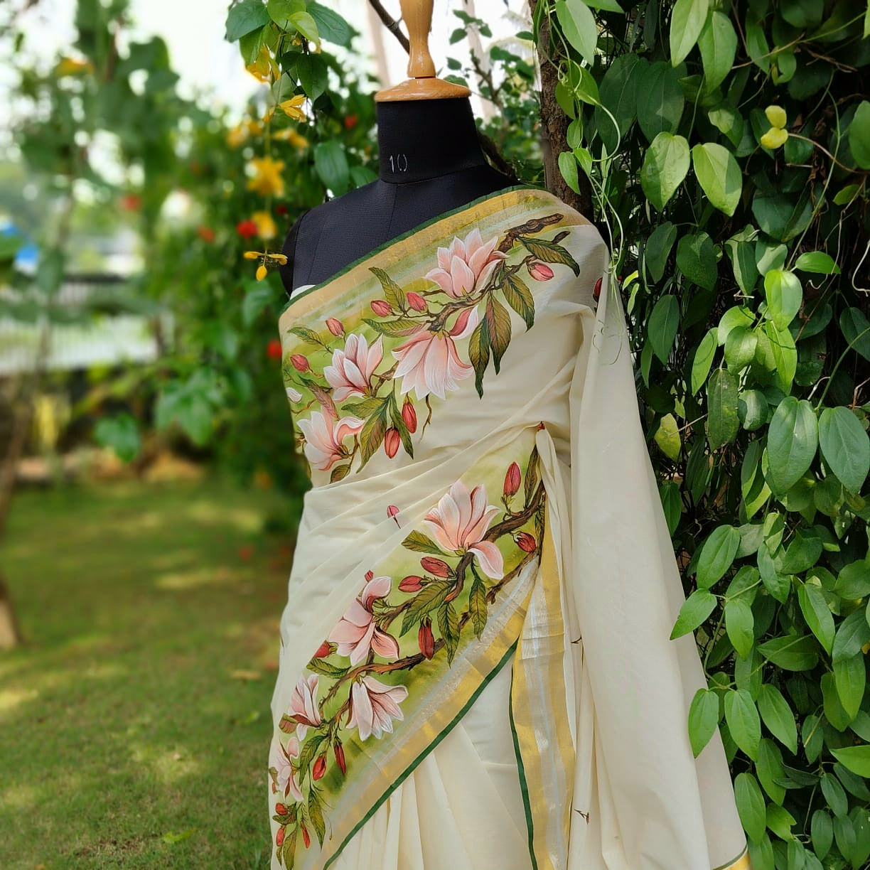 Magnolia Blooms On Kerala Kasavu Saree
