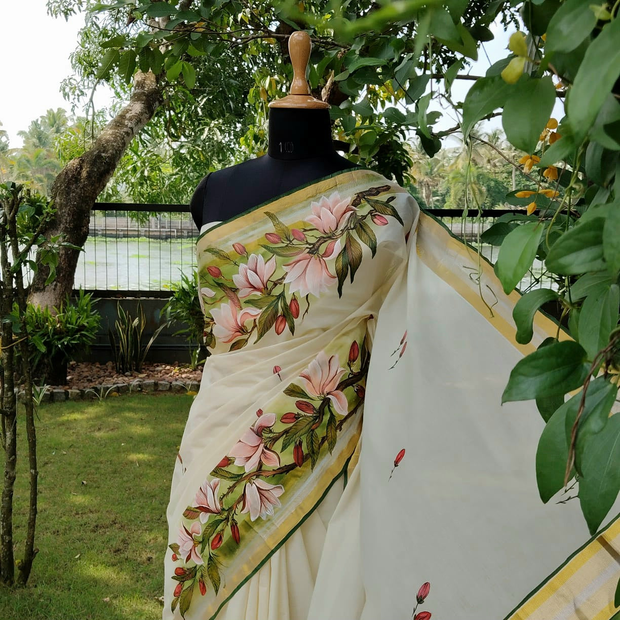Magnolia Blooms On Kerala Kasavu Saree