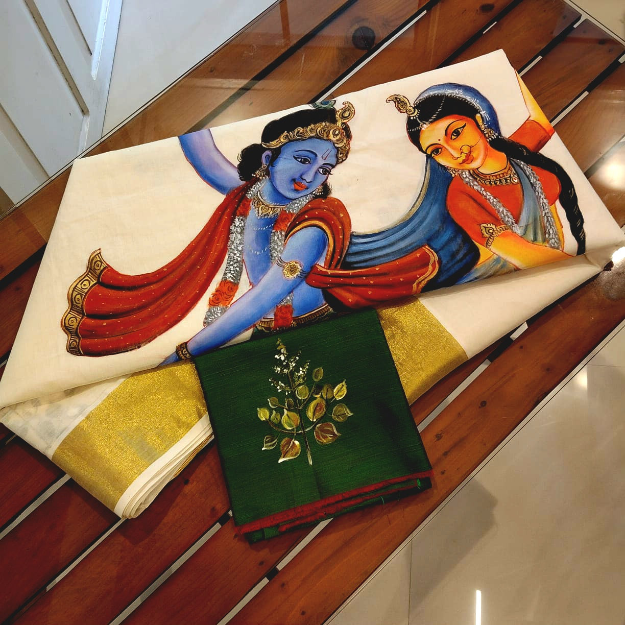 Divine Radha Krishna And Tulsi Hand-Painted On a Classic Kasavu Drape