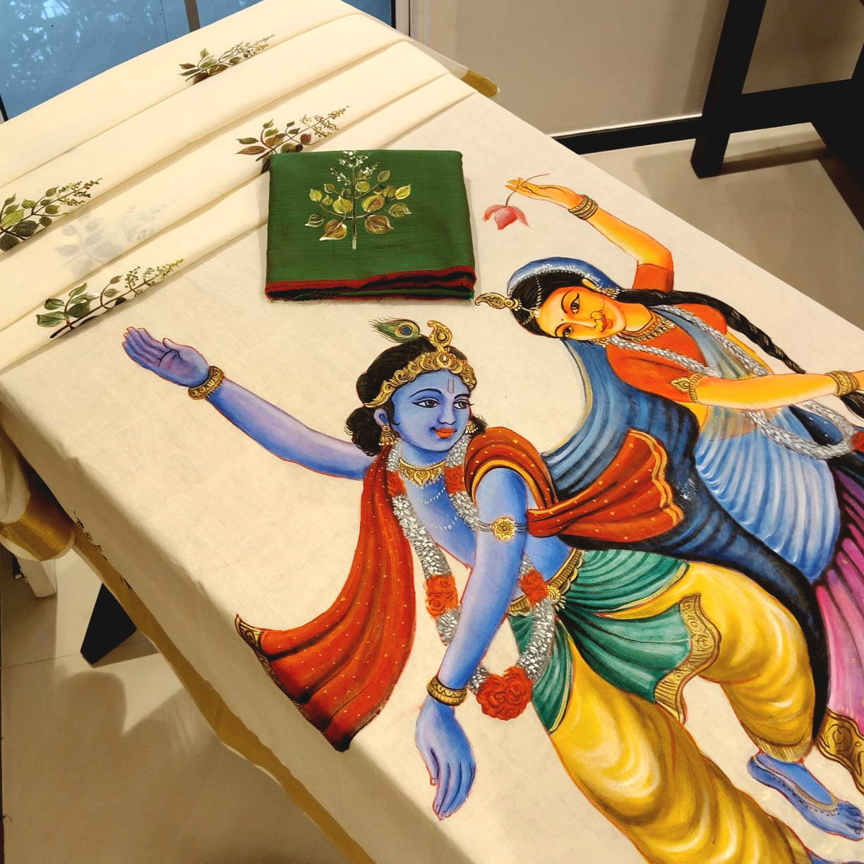 Divine Radha Krishna And Tulsi Hand-Painted On a Classic Kasavu Drape