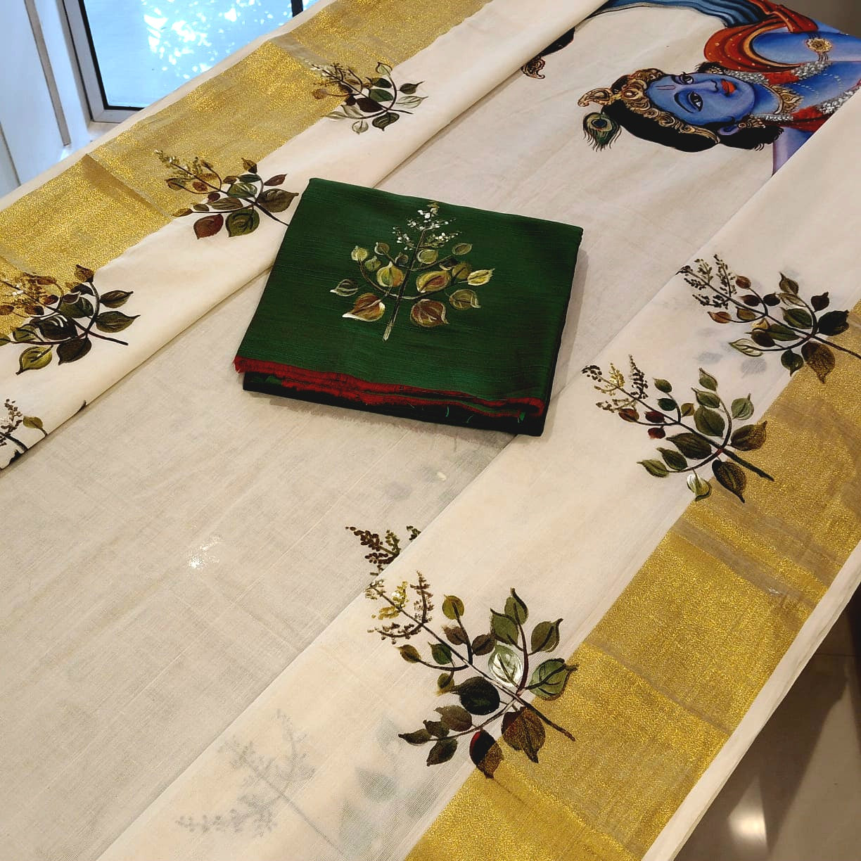Divine Radha Krishna And Tulsi Hand-Painted On a Classic Kasavu Drape