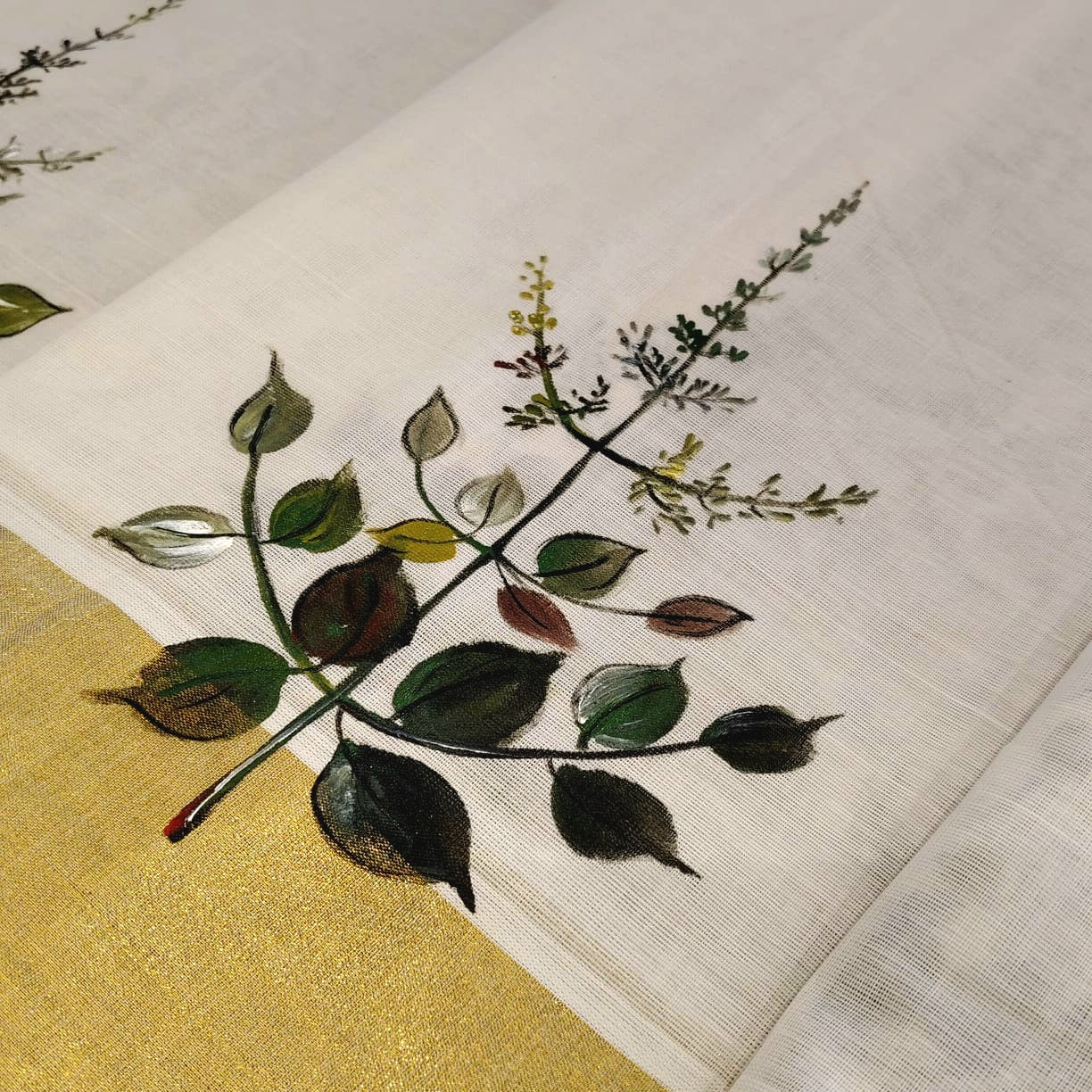 Divine Radha Krishna And Tulsi Hand-Painted On a Classic Kasavu Drape