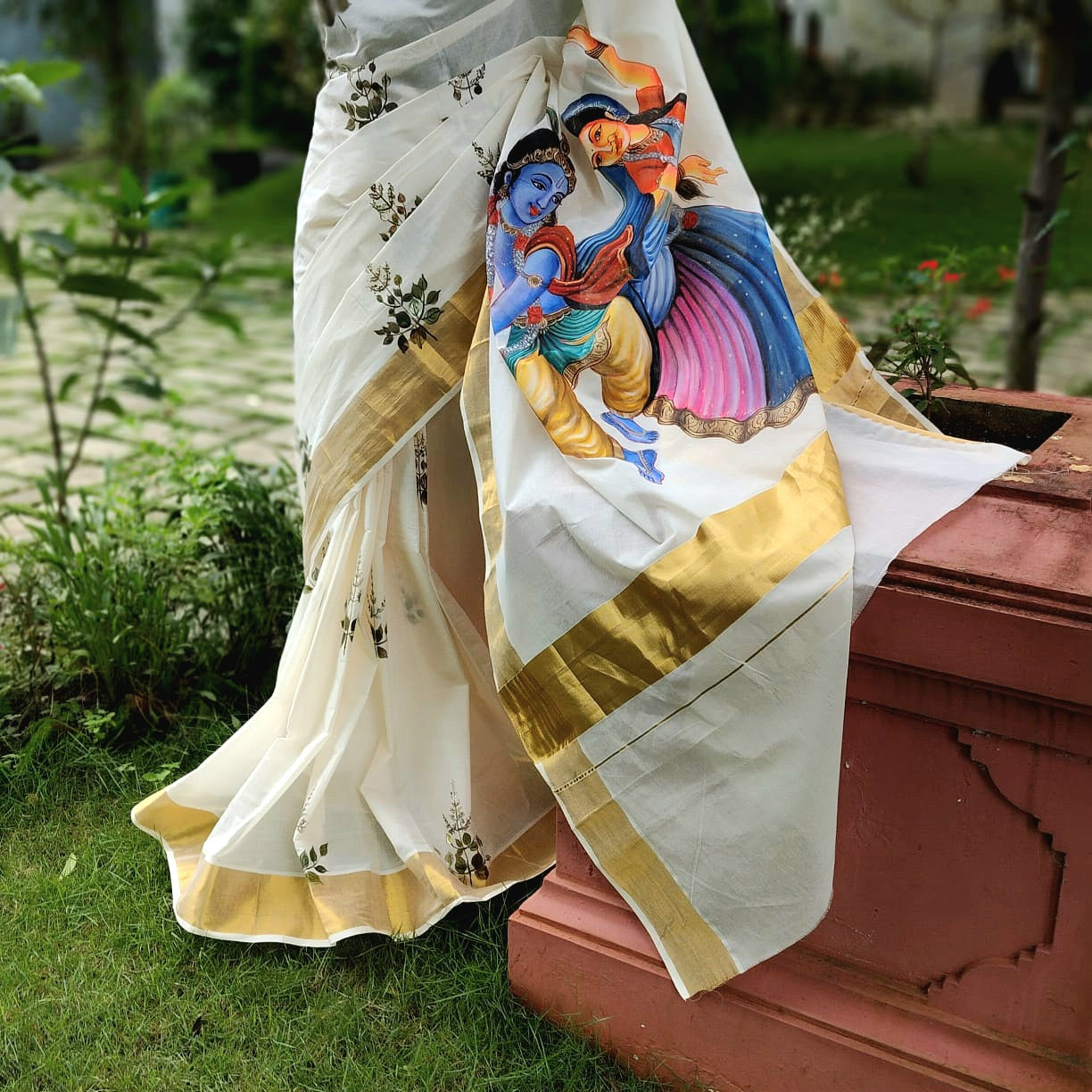 Divine Radha Krishna And Tulsi Hand-Painted On a Classic Kasavu Drape