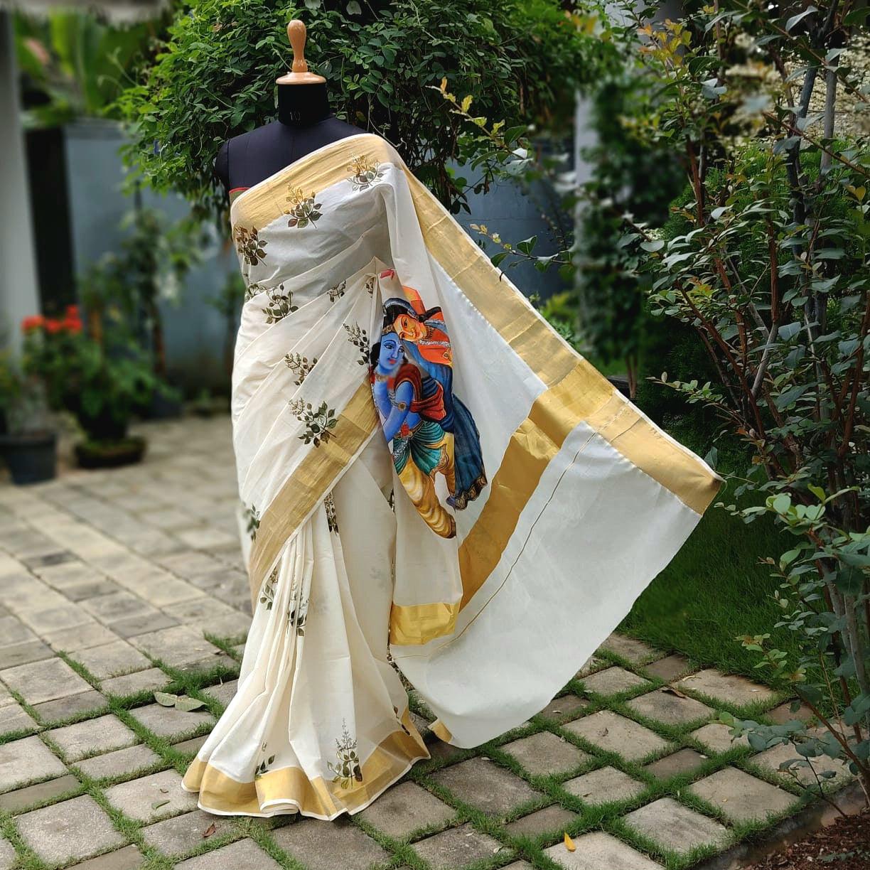 Divine Radha Krishna And Tulsi Hand-Painted On a Classic Kasavu Drape